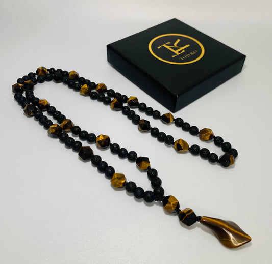 Men, Necklace, 10mm Tiger Eye, Diamond cut, with 6mm Lava Stone, Natural Stones